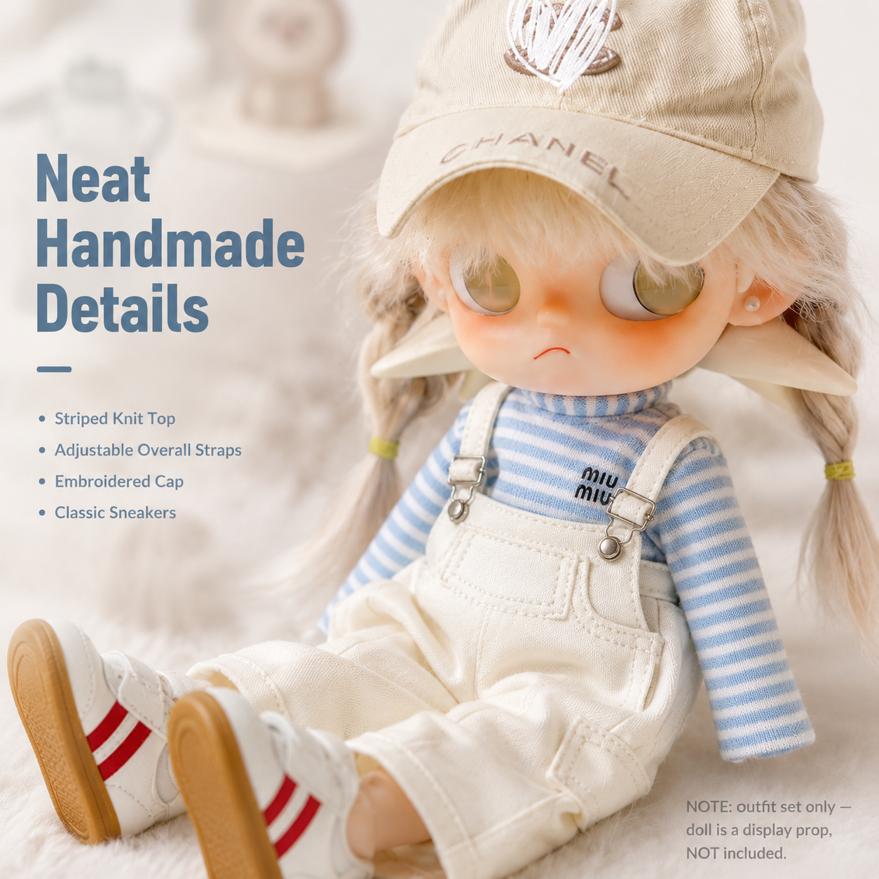 Preppy Striped Overall Doll Outfit | Knit Top + Overalls + Embroidered Cap + Sneakers | Doll Clothes Set
