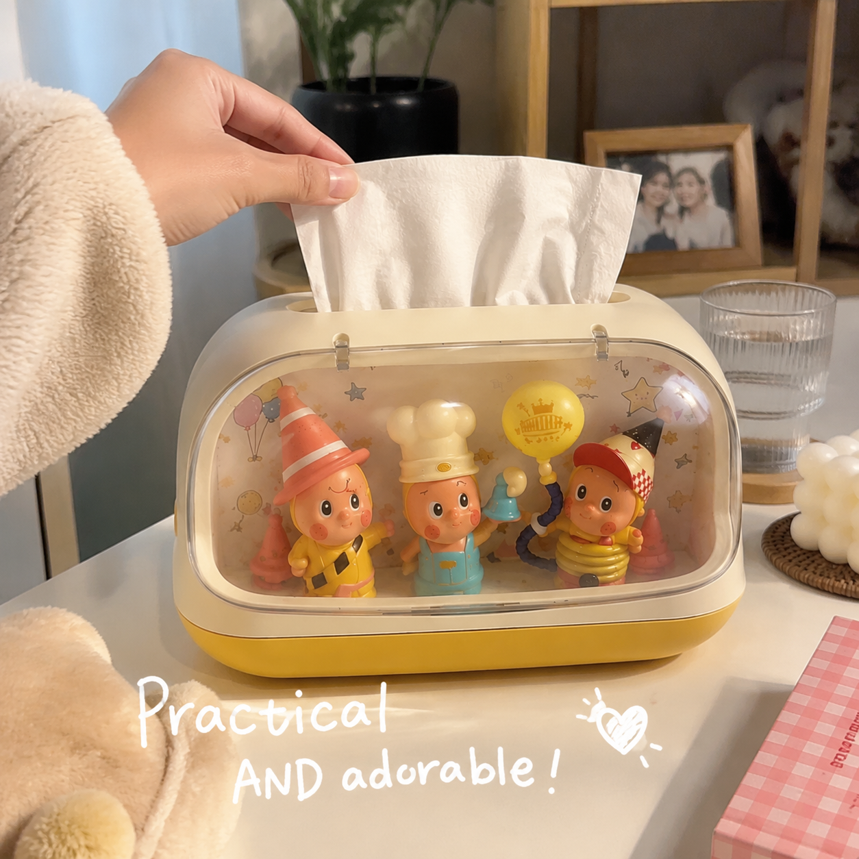 Figure Display Tissue Box Holder | Clear Window Collectible Showcase | Cute Desk Tissue Cover Decor