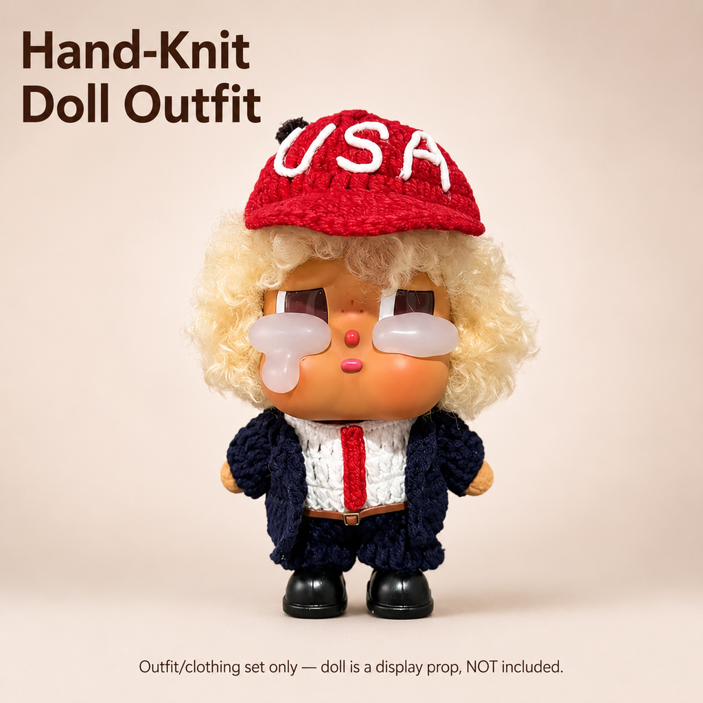 Handmade Knit USA Suit Doll Outfit | Statesman Blazer + Red Tie + USA Cap | Collectible Doll Clothes Set