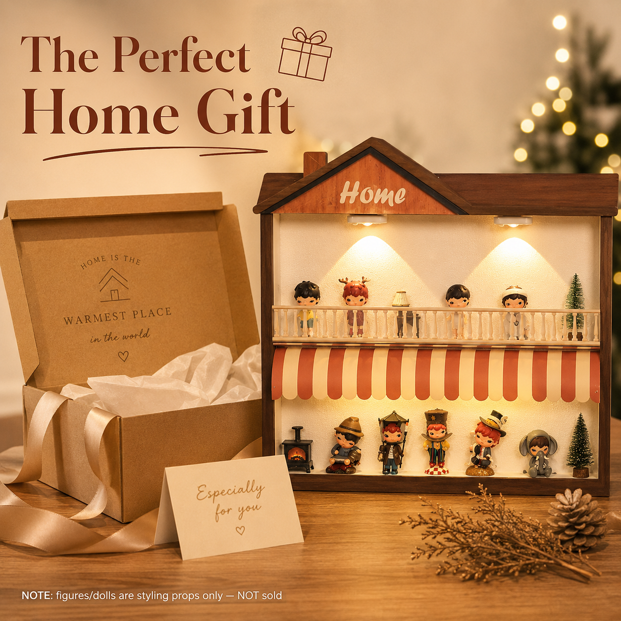House-Shaped LED Shadow Box Shelf | Home 2-Tier Figure Display | Cozy Wall-Mounted Diorama Decor