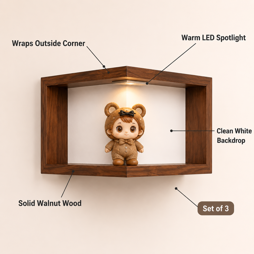 LED Corner Floating Shelves Set of 3 | Wall-Mounted Figure Display Shelf | Cozy Wood Collection Decor