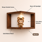 LED Corner Floating Shelves Set of 3 | Wall-Mounted Figure Display Shelf | Cozy Wood Collection Decor
