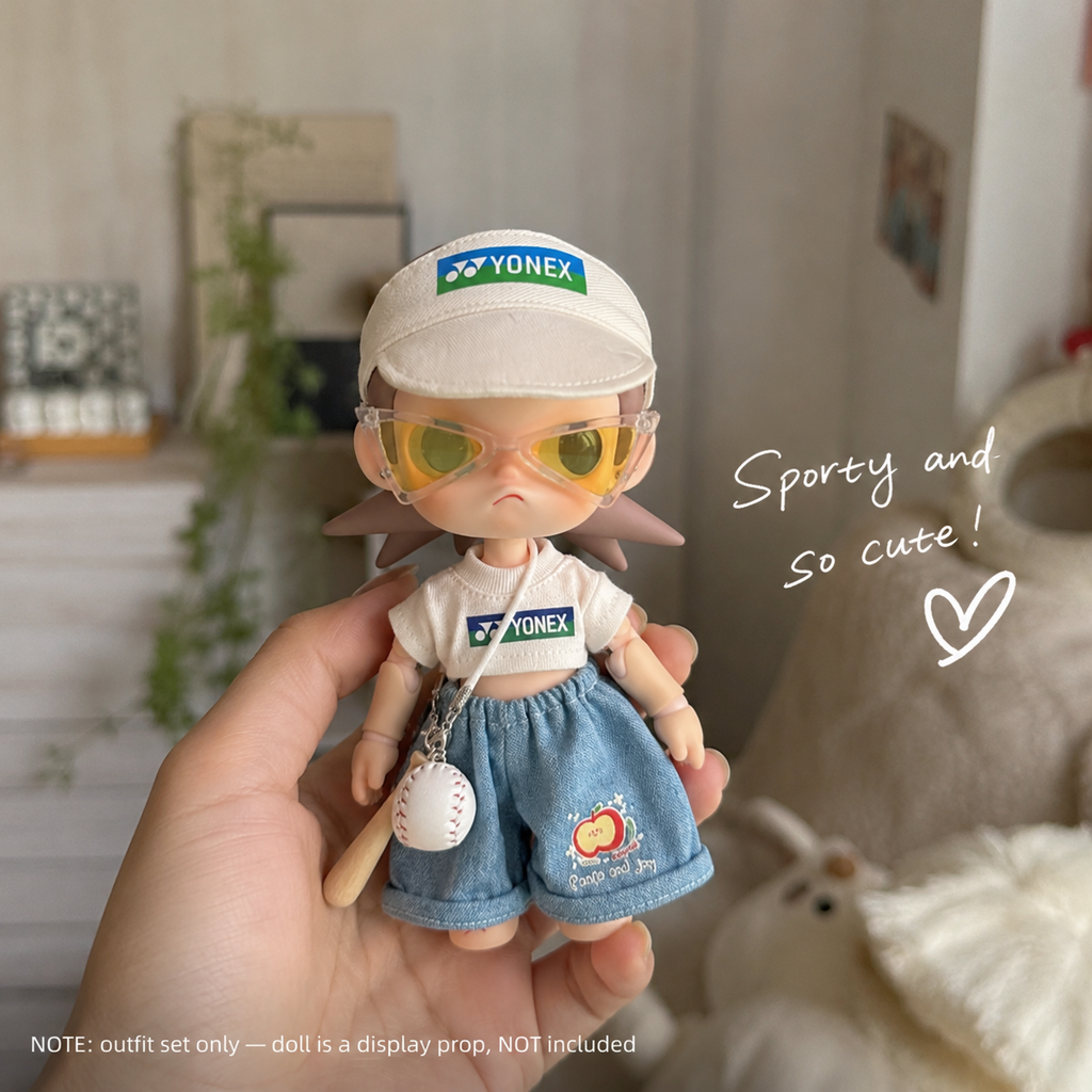 Sporty Visor Doll Outfit Set | Logo Tee + Denim Shorts + Sunglasses + Baseball Charm | Athleisure Doll Clothes