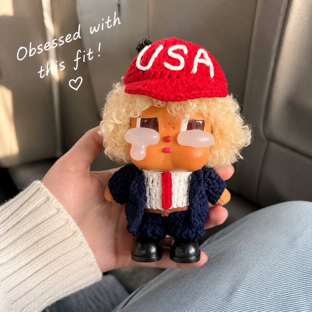 Handmade Knit USA Suit Doll Outfit | Statesman Blazer + Red Tie + USA Cap | Collectible Doll Clothes Set