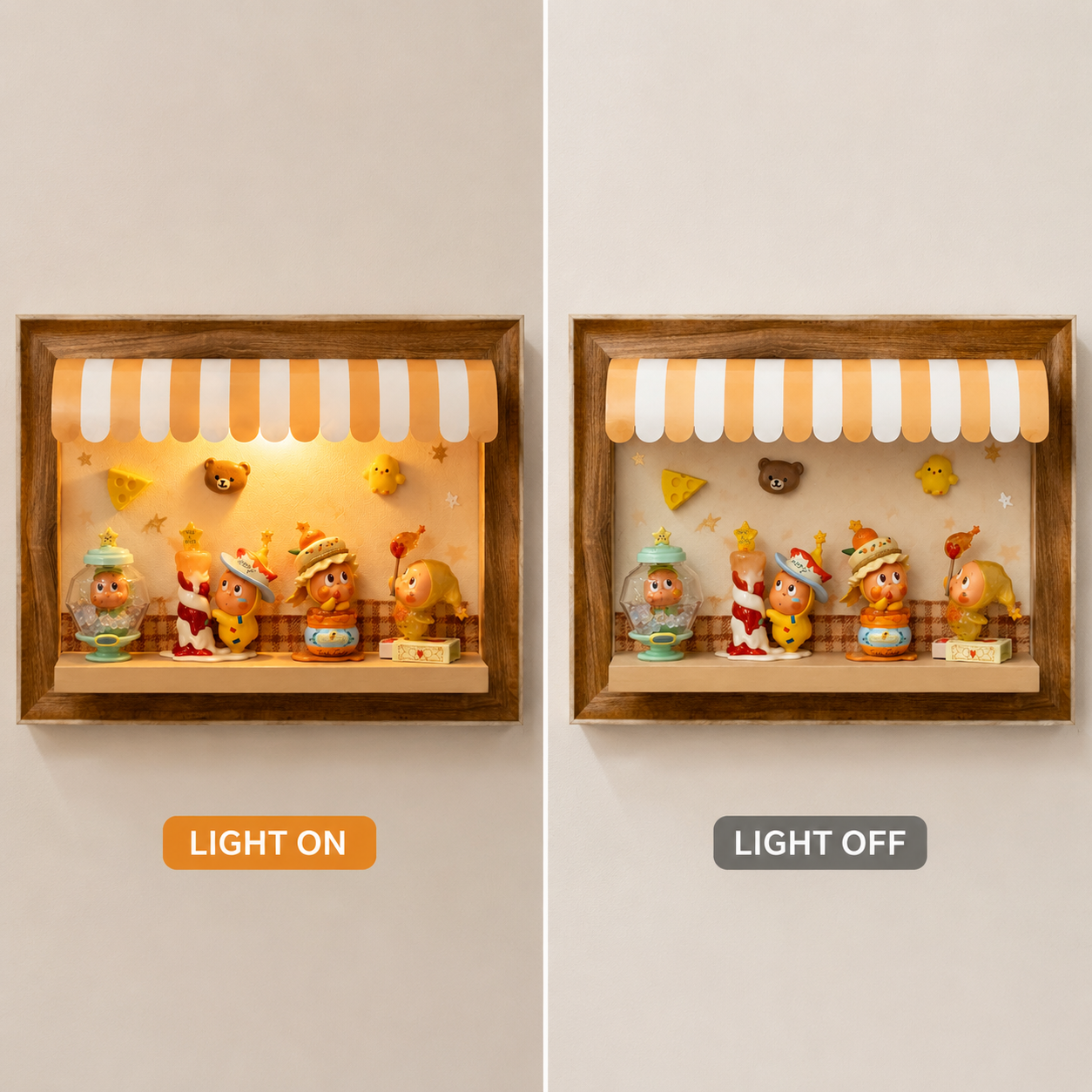 Wooden Storefront Shadow Box Shelf | LED Awning Figure Display | Cozy Wall-Mounted Diorama Decor