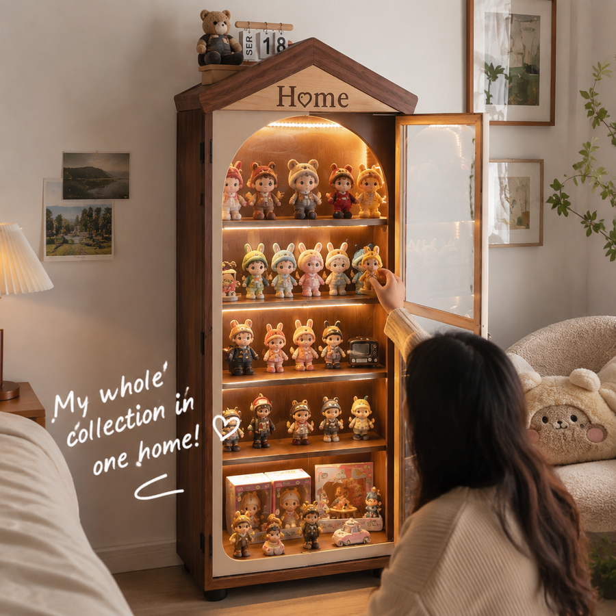 House-Shaped LED Display Cabinet | Floor-Standing Figure Showcase | 5-Tier Dustproof Collection Cabinet