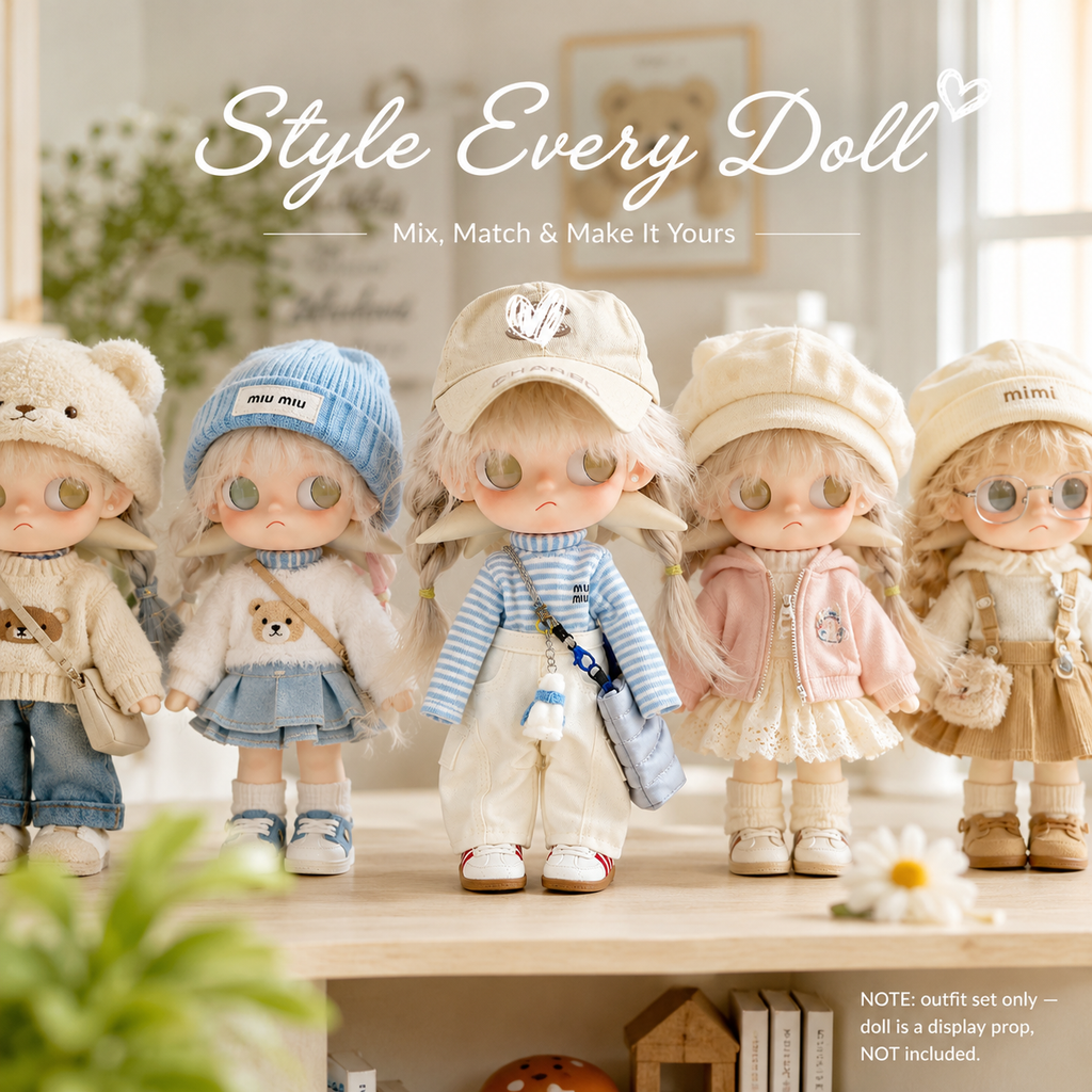 Preppy Striped Overall Doll Outfit | Knit Top + Overalls + Embroidered Cap + Sneakers | Doll Clothes Set