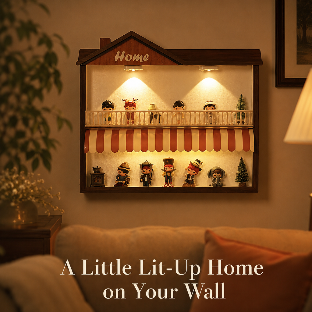 House-Shaped LED Shadow Box Shelf | Home 2-Tier Figure Display | Cozy Wall-Mounted Diorama Decor