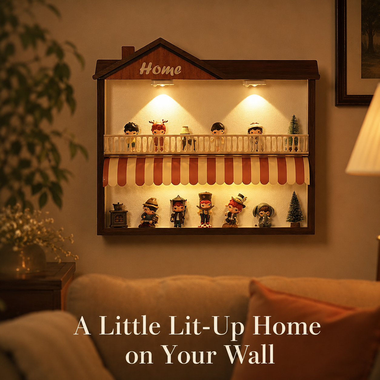 House-Shaped LED Shadow Box Shelf | Home 2-Tier Figure Display | Cozy Wall-Mounted Diorama Decor