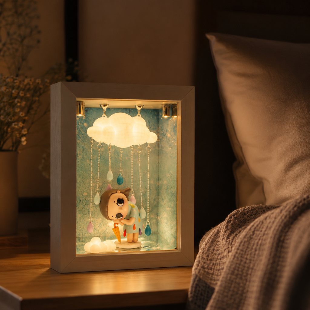 LED Rain Cloud Shadow Box Night Light | Glowing Cloud Figure Display Frame | Cozy USB Desk Lamp Decor