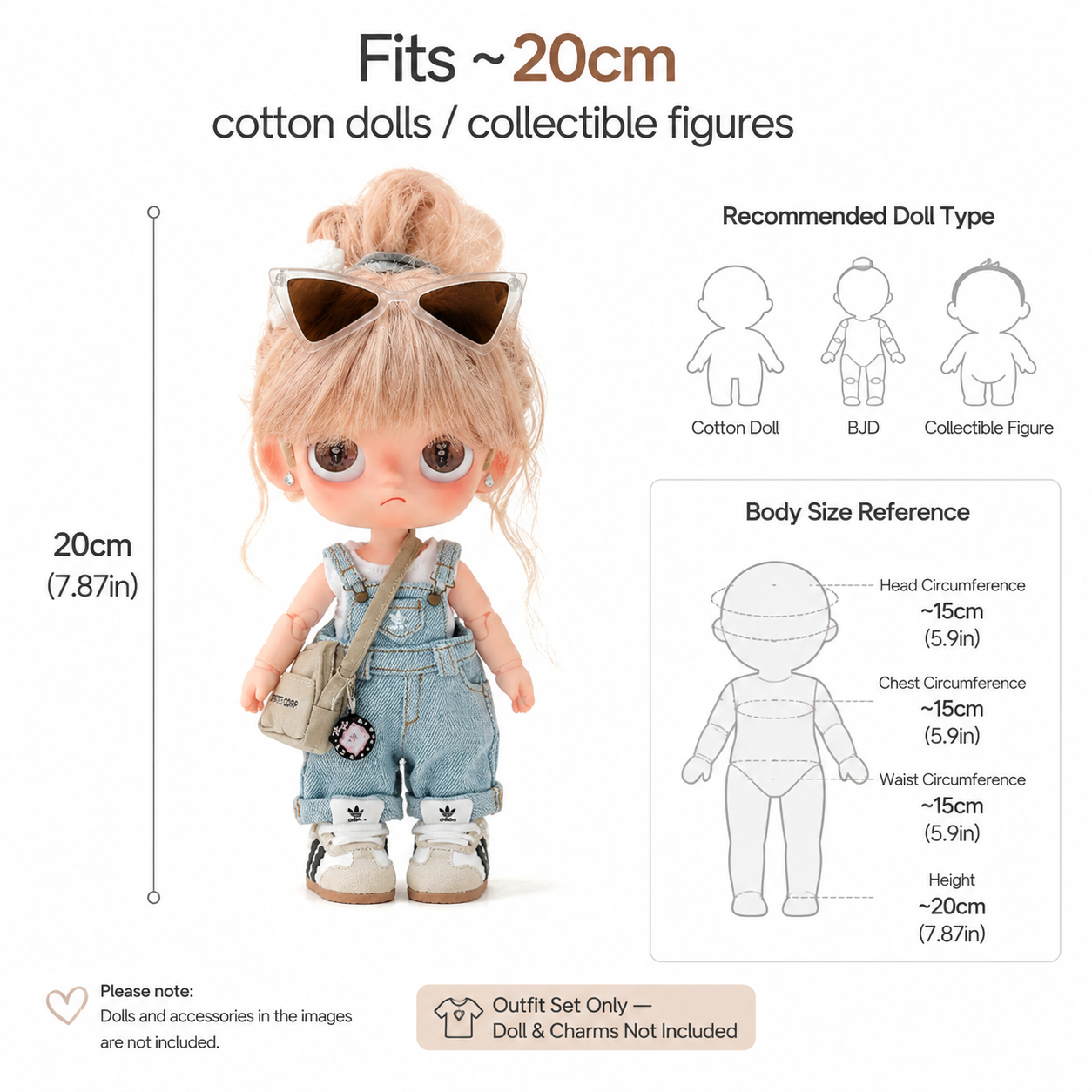 Denim Overall Doll Outfit Set | White Tank + Dungarees + Mini Bag | Casual Ball-Jointed Doll Clothes