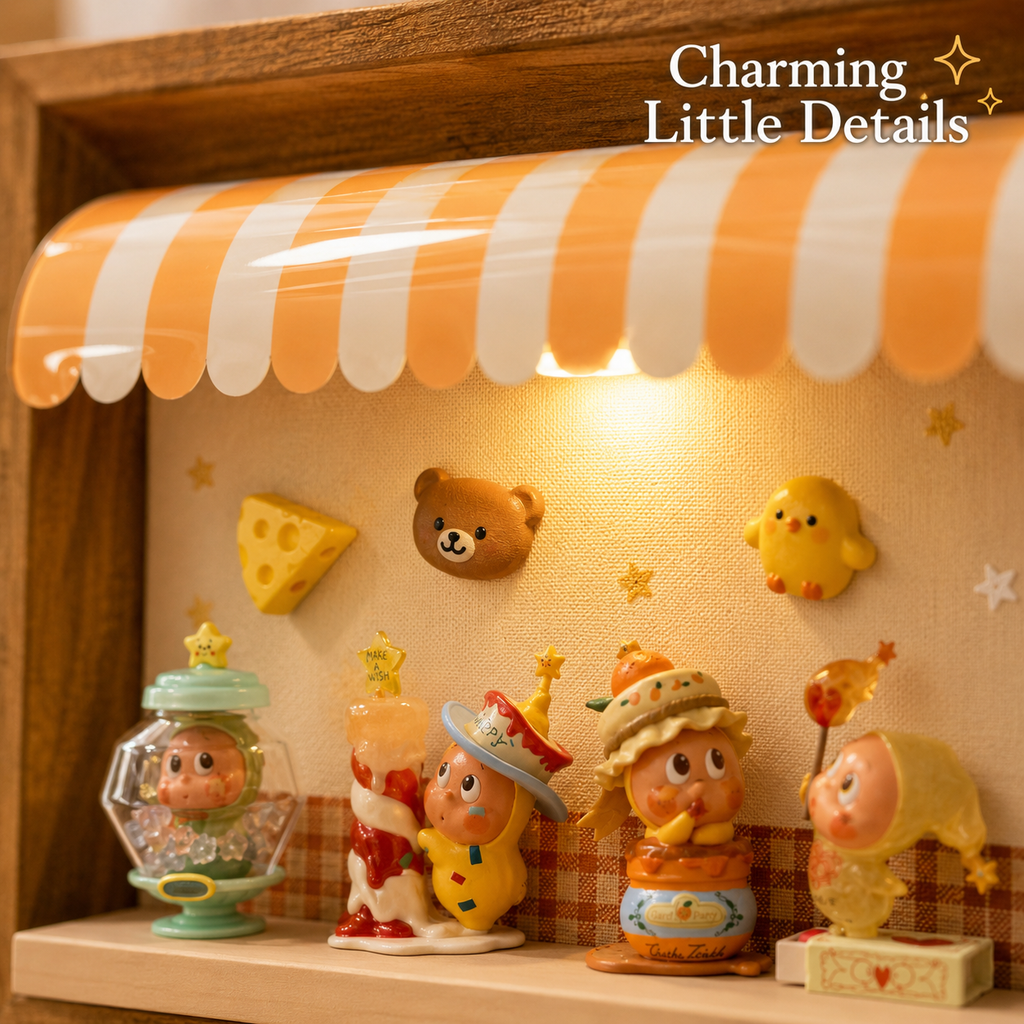 Wooden Storefront Shadow Box Shelf | LED Awning Figure Display | Cozy Wall-Mounted Diorama Decor