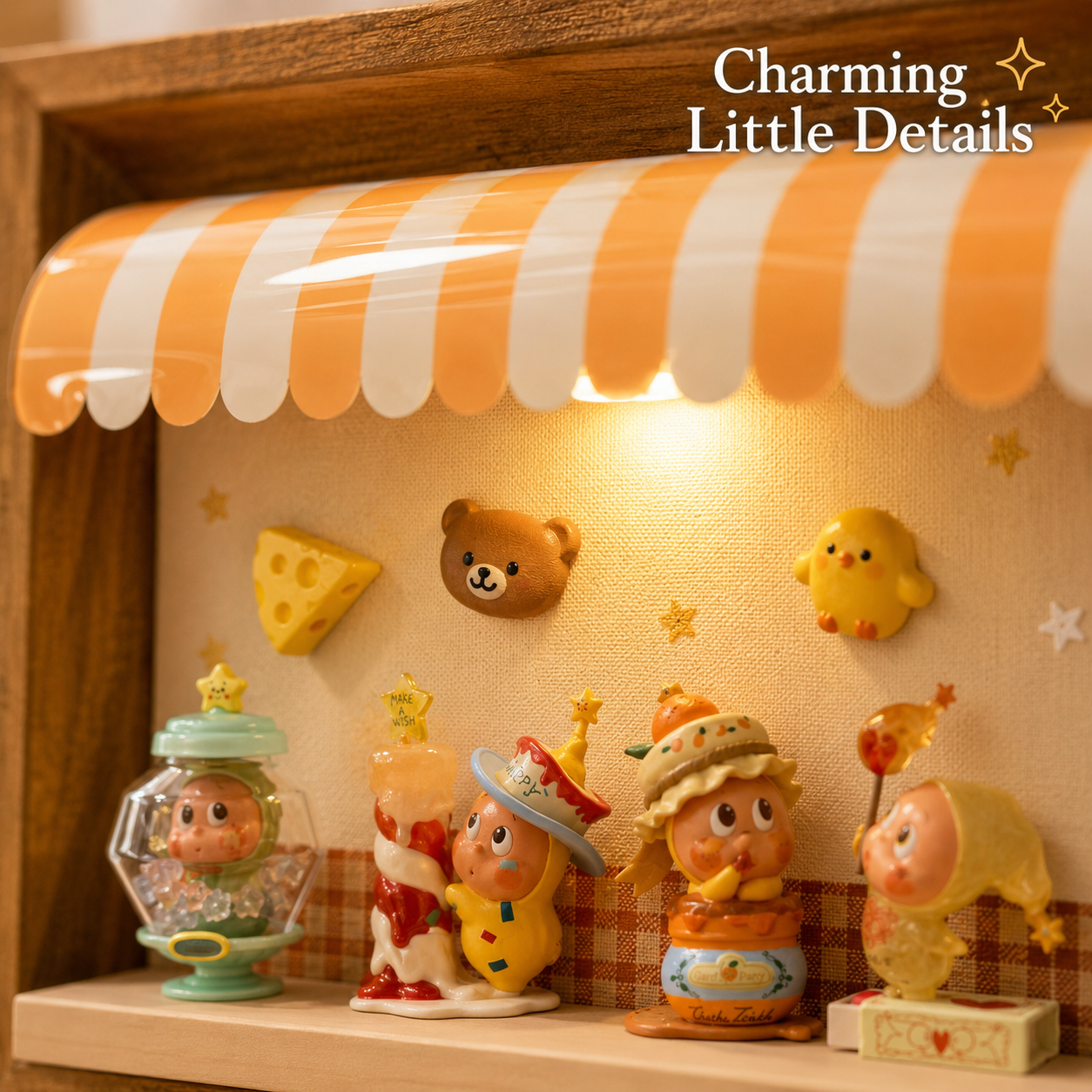 Wooden Storefront Shadow Box Shelf | LED Awning Figure Display | Cozy Wall-Mounted Diorama Decor