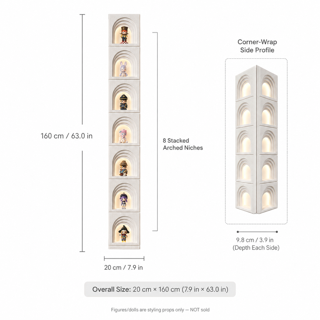 Tall Arched Niche LED Display Shelf | 8-Tier Corner-Wrap Figure Showcase | Vertical Wall-Mounted Collection Decor