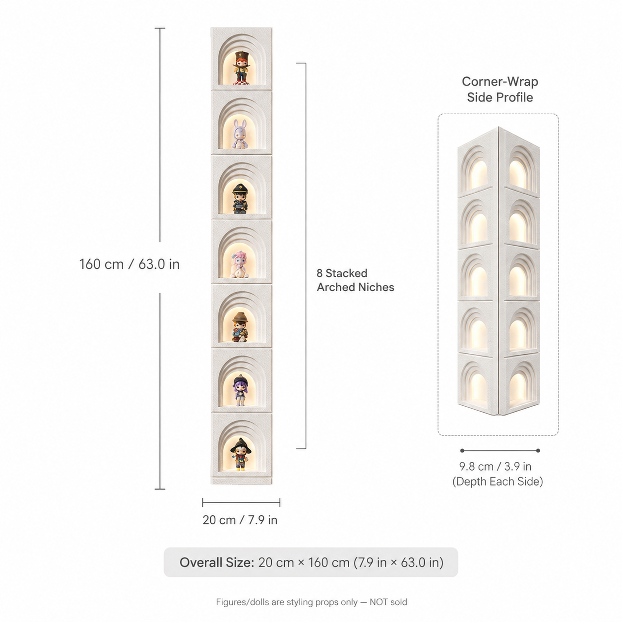 Tall Arched Niche LED Display Shelf | 8-Tier Corner-Wrap Figure Showcase | Vertical Wall-Mounted Collection Decor