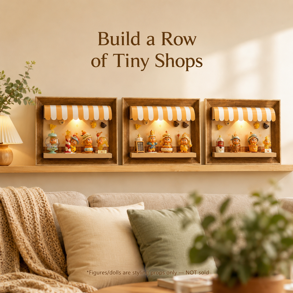 Wooden Storefront Shadow Box Shelf | LED Awning Figure Display | Cozy Wall-Mounted Diorama Decor