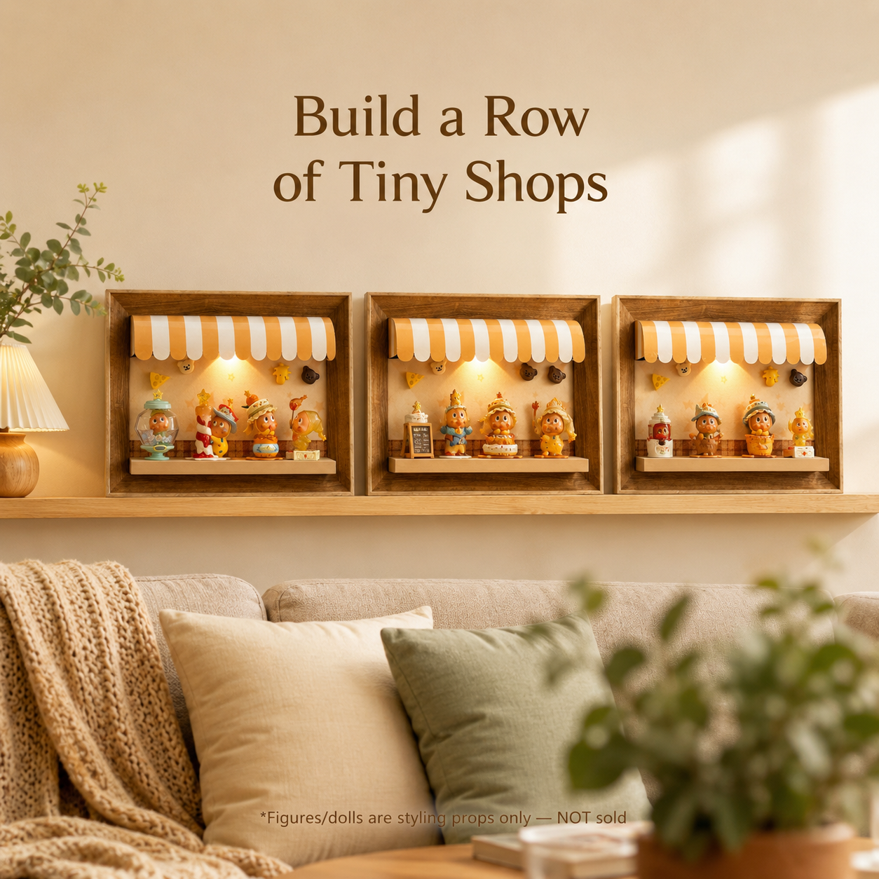 Wooden Storefront Shadow Box Shelf | LED Awning Figure Display | Cozy Wall-Mounted Diorama Decor