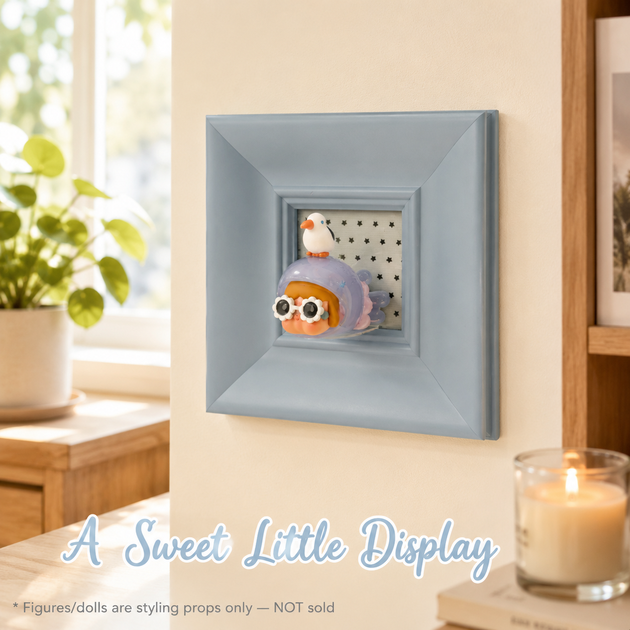 Blue Wall-Mounted Shadow Box Frame | Mini Figure Display Niche | Cute Deep Picture Frame Decor