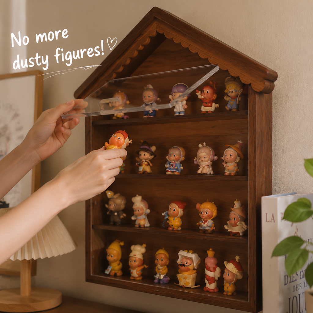 House-Shaped Wooden Display Shelf | 4-Tier Wall-Mounted Figure Showcase | Blind Box Collection Organizer