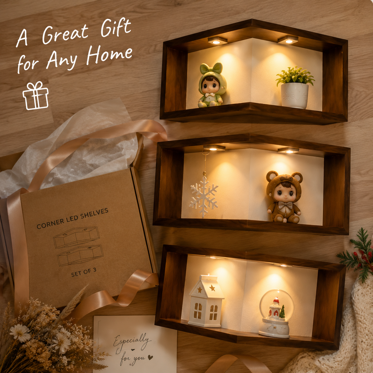 LED Corner Floating Shelves Set of 3 | Wall-Mounted Figure Display Shelf | Cozy Wood Collection Decor