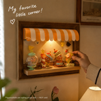 Wooden Storefront Shadow Box Shelf | LED Awning Figure Display | Cozy Wall-Mounted Diorama Decor