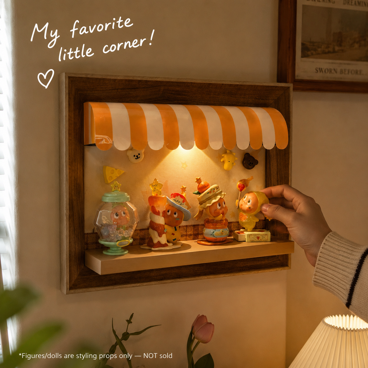 Wooden Storefront Shadow Box Shelf | LED Awning Figure Display | Cozy Wall-Mounted Diorama Decor