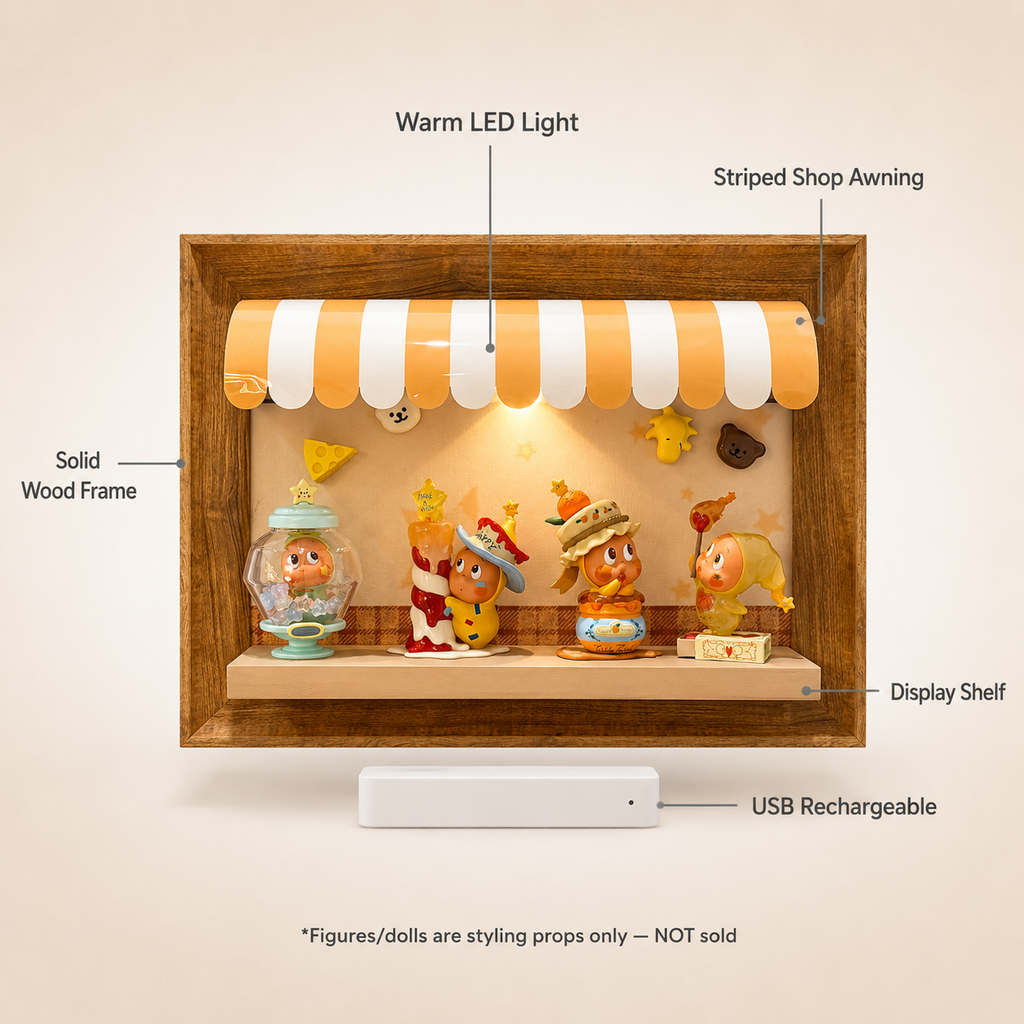 Wooden Storefront Shadow Box Shelf | LED Awning Figure Display | Cozy Wall-Mounted Diorama Decor