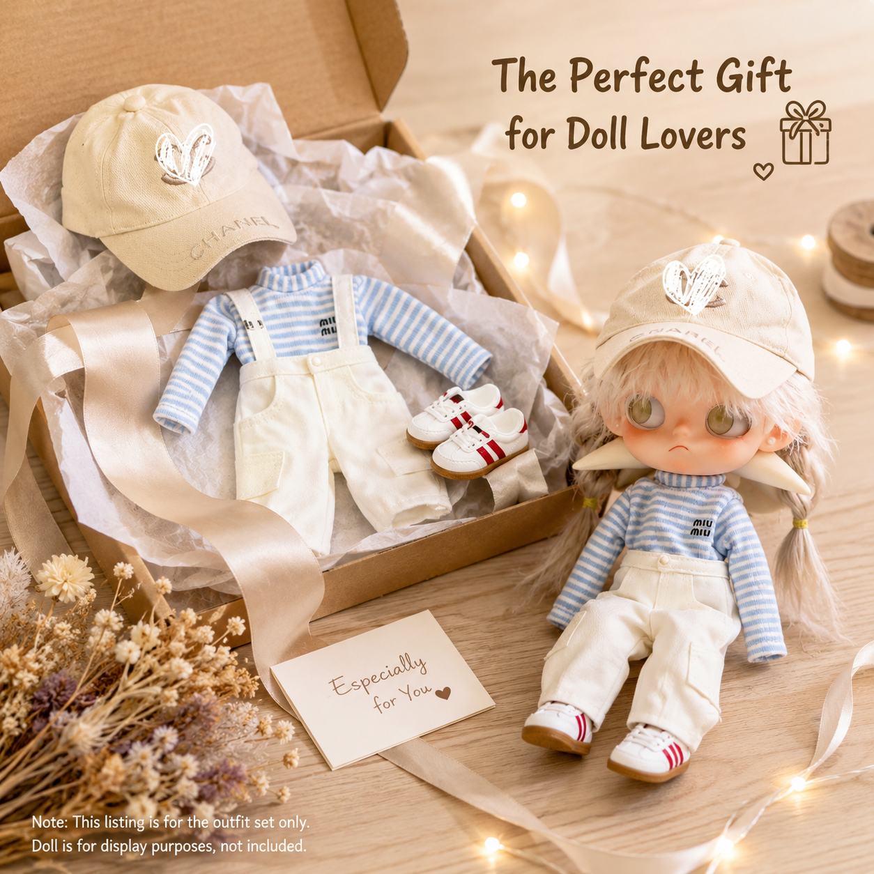 Preppy Striped Overall Doll Outfit | Knit Top + Overalls + Embroidered Cap + Sneakers | Doll Clothes Set
