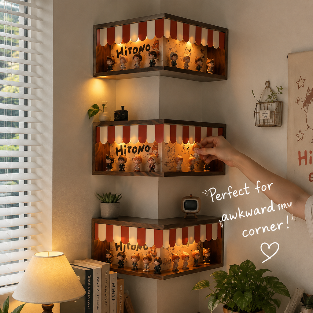 Corner Storefront LED Display Shelf | Wooden Awning Diorama Shelf | Wall Corner Figure Showcase Decor
