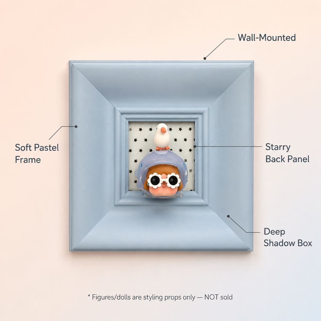 Blue Wall-Mounted Shadow Box Frame | Mini Figure Display Niche | Cute Deep Picture Frame Decor