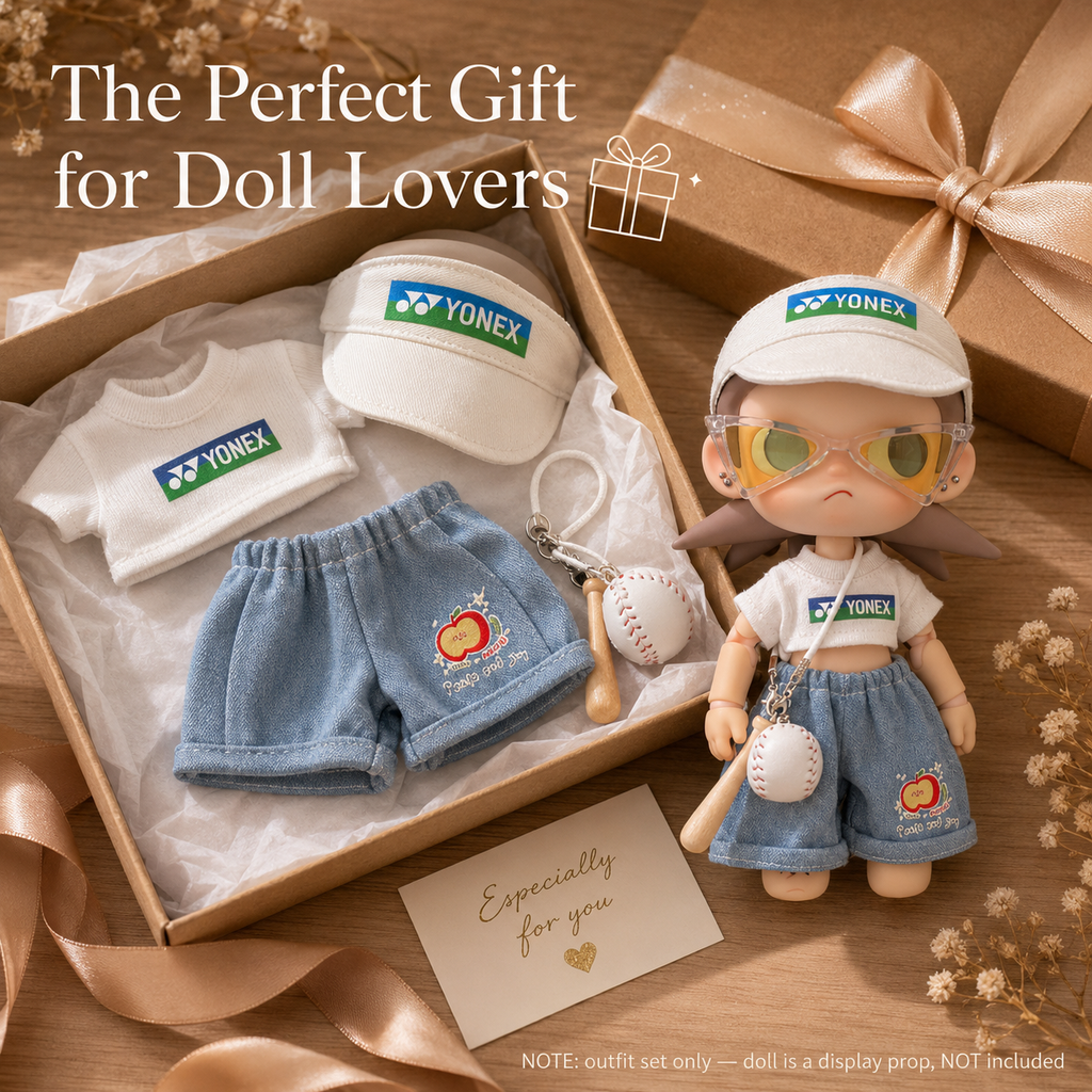 Sporty Visor Doll Outfit Set | Logo Tee + Denim Shorts + Sunglasses + Baseball Charm | Athleisure Doll Clothes