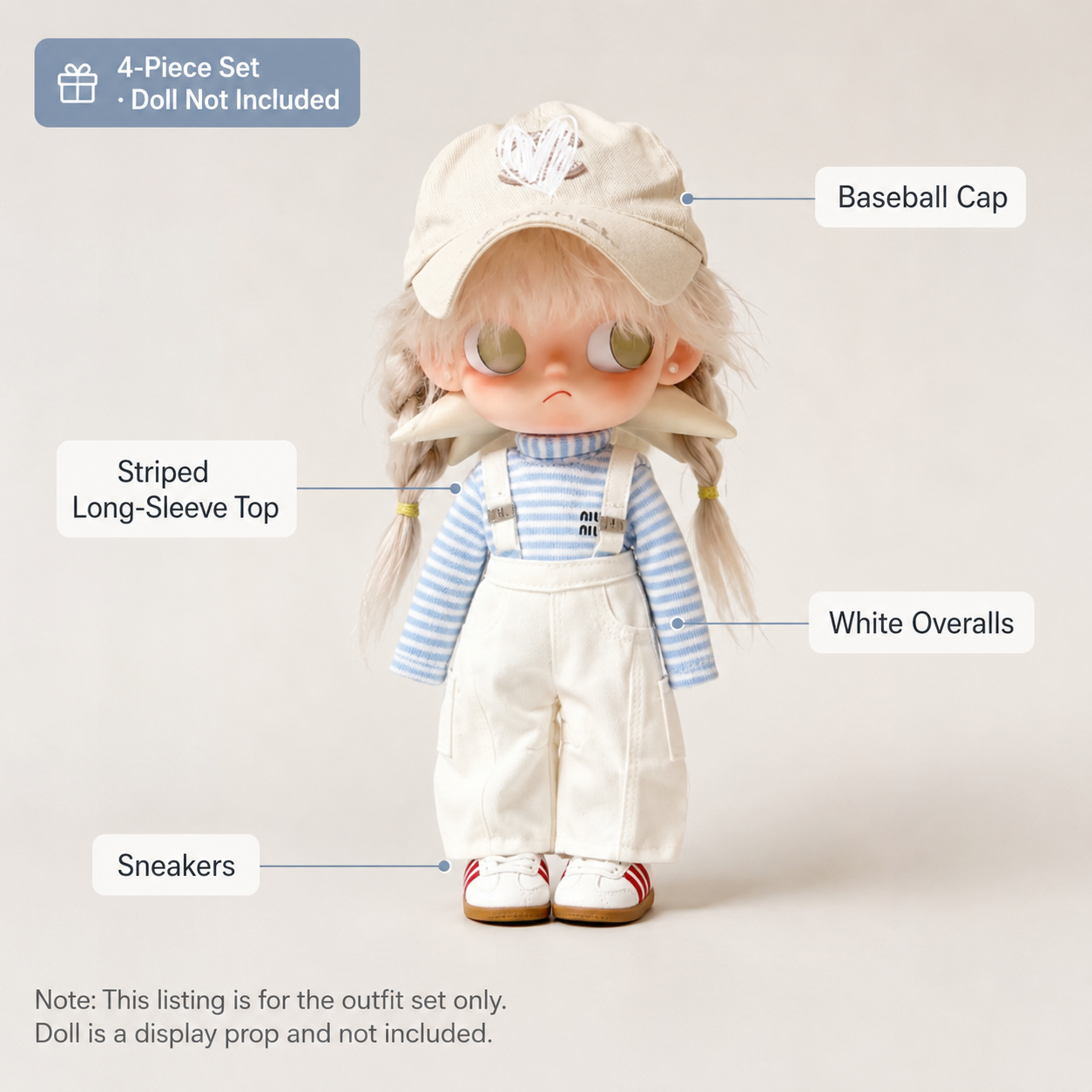 Preppy Striped Overall Doll Outfit | Knit Top + Overalls + Embroidered Cap + Sneakers | Doll Clothes Set