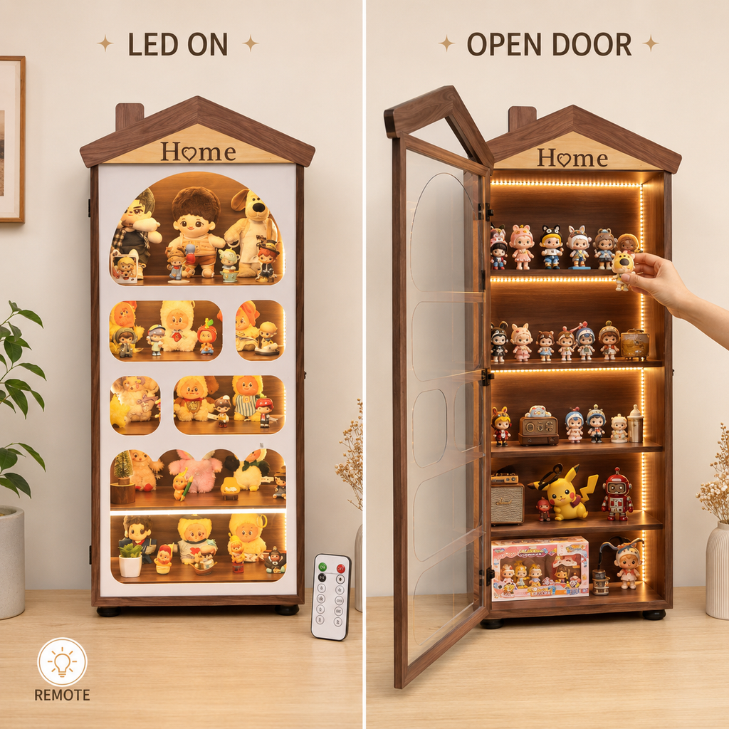 House-Shaped LED Display Cabinet | Floor-Standing Figure Showcase | 5-Tier Dustproof Collection Cabinet