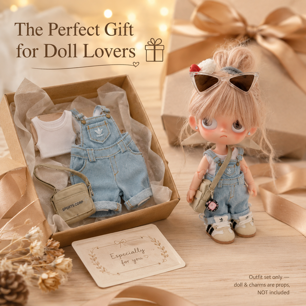 Denim Overall Doll Outfit Set | White Tank + Dungarees + Mini Bag | Casual Ball-Jointed Doll Clothes