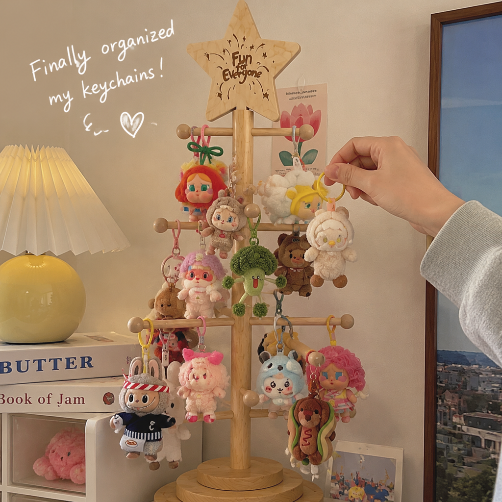 Rotating Wooden Keychain Display Stand | Plush Charm Organizer Tree | Star-Top Collection Showcase