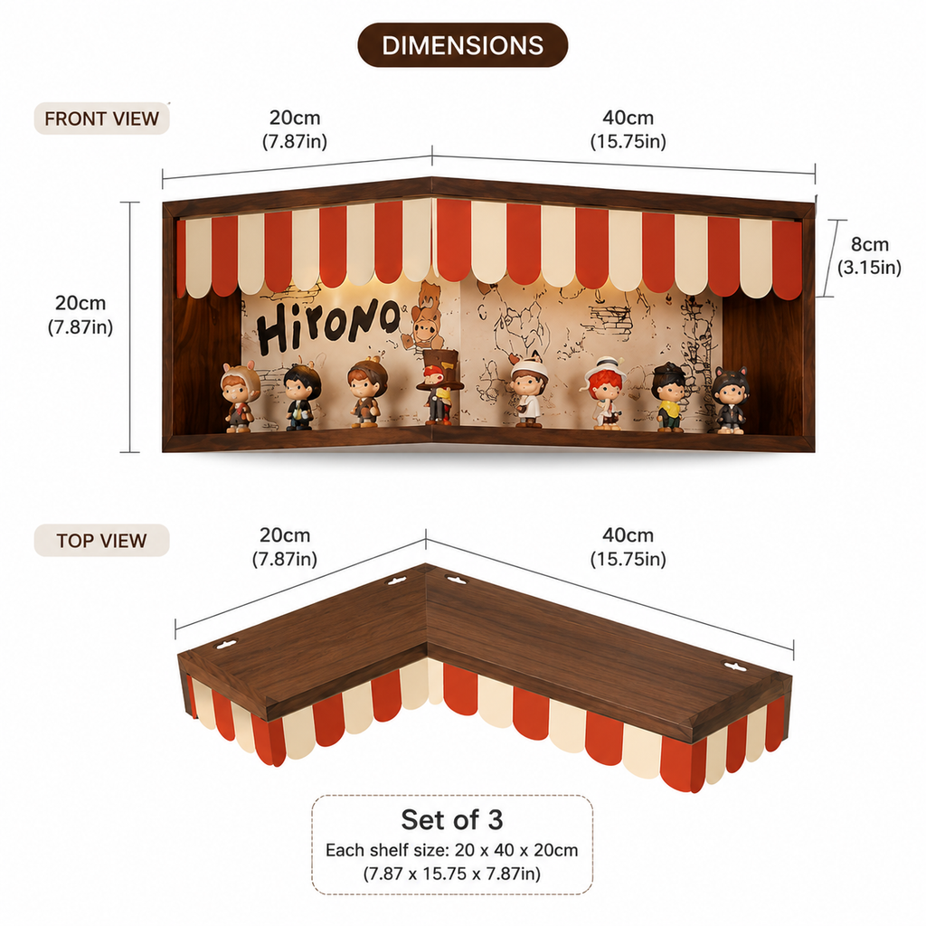 Corner Storefront LED Display Shelf | Wooden Awning Diorama Shelf | Wall Corner Figure Showcase Decor