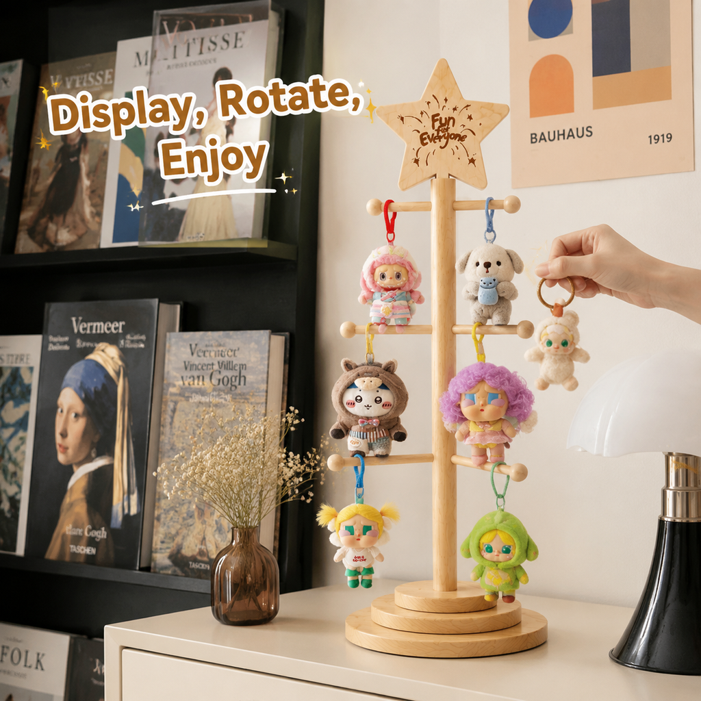 Rotating Wooden Keychain Display Stand | Plush Charm Organizer Tree | Star-Top Collection Showcase