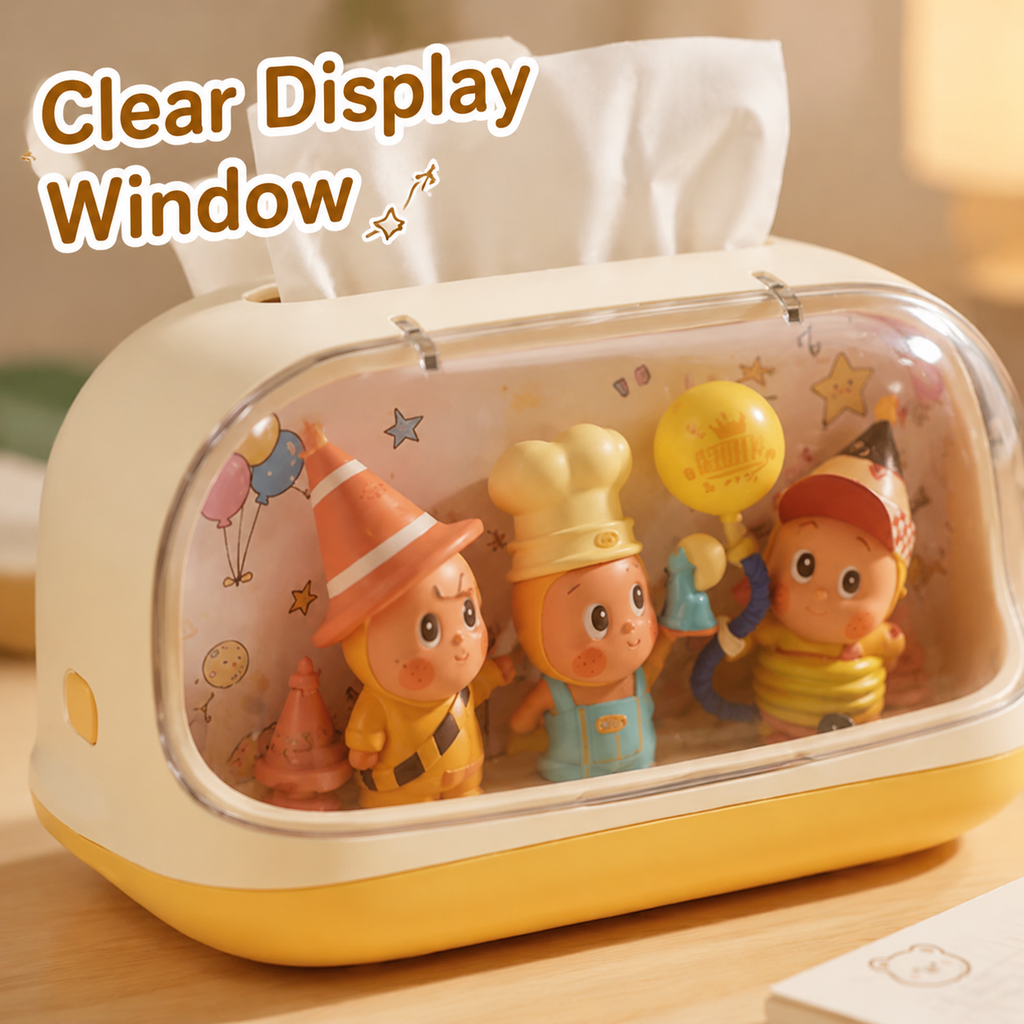Figure Display Tissue Box Holder | Clear Window Collectible Showcase | Cute Desk Tissue Cover Decor