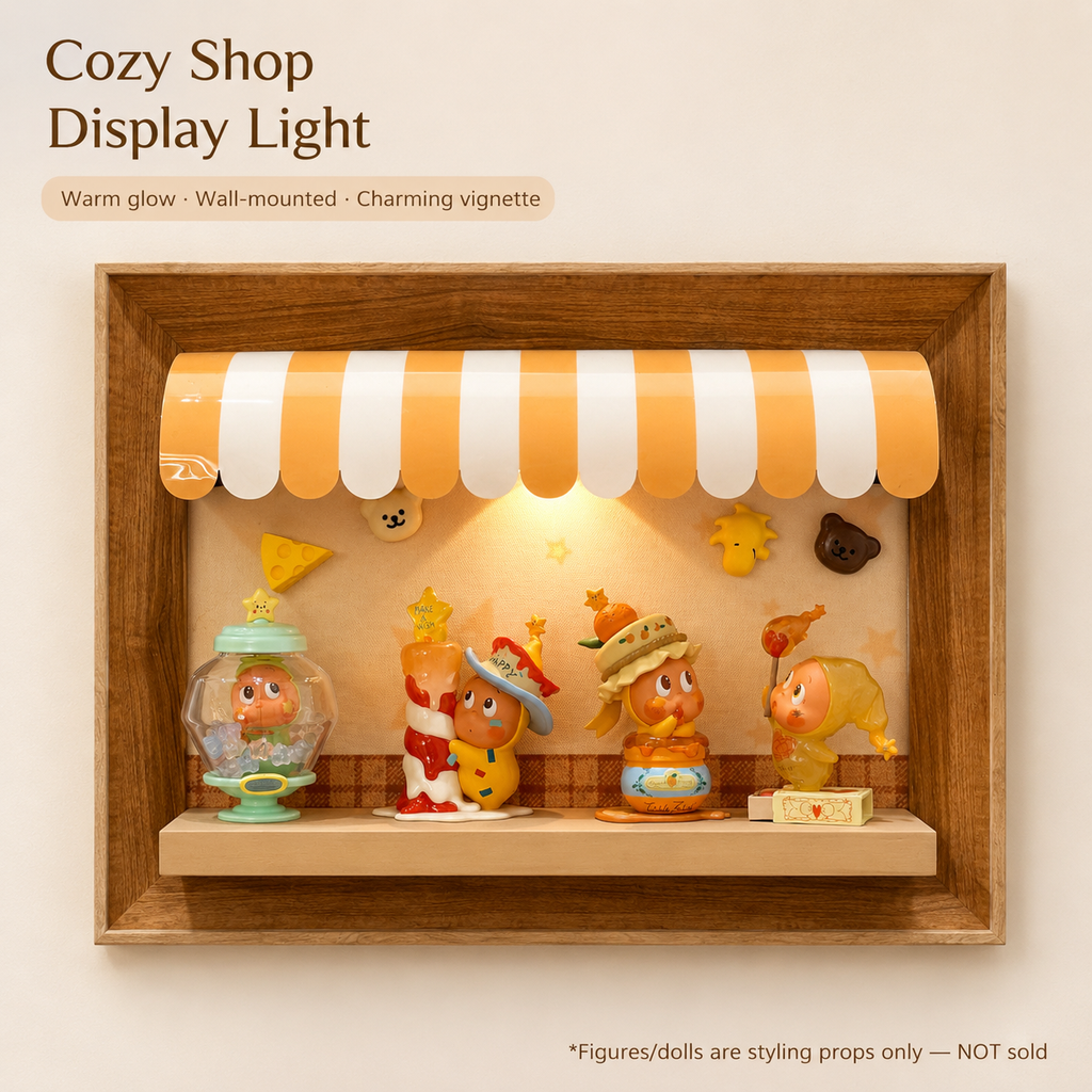 Wooden Storefront Shadow Box Shelf | LED Awning Figure Display | Cozy Wall-Mounted Diorama Decor