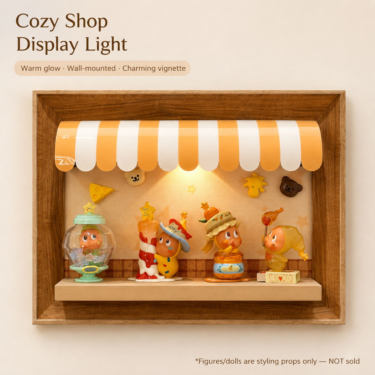 Wooden Storefront Shadow Box Shelf | LED Awning Figure Display | Cozy Wall-Mounted Diorama Decor