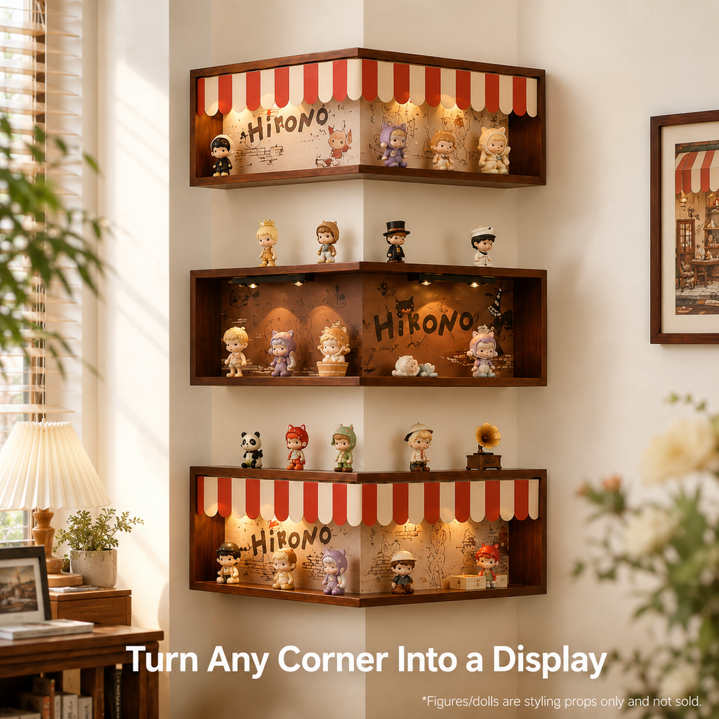 Corner Storefront LED Display Shelf | Wooden Awning Diorama Shelf | Wall Corner Figure Showcase Decor