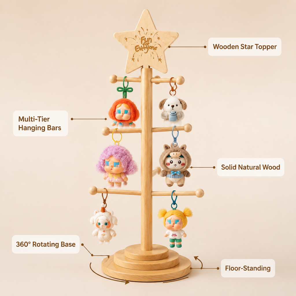 Rotating Wooden Keychain Display Stand | Plush Charm Organizer Tree | Star-Top Collection Showcase