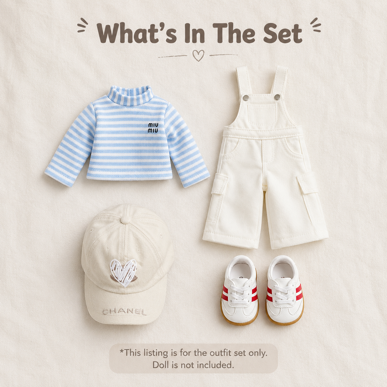 Preppy Striped Overall Doll Outfit | Knit Top + Overalls + Embroidered Cap + Sneakers | Doll Clothes Set