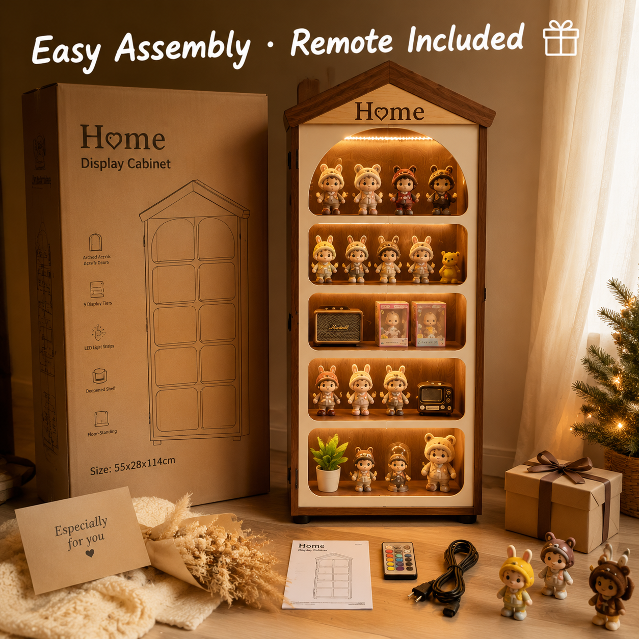 House-Shaped LED Display Cabinet | Floor-Standing Figure Showcase | 5-Tier Dustproof Collection Cabinet