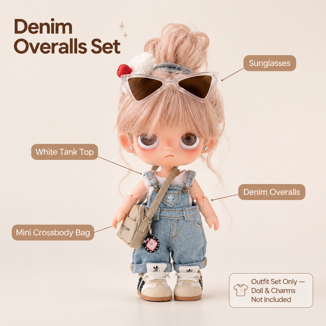 Denim Overall Doll Outfit Set | White Tank + Dungarees + Mini Bag | Casual Ball-Jointed Doll Clothes
