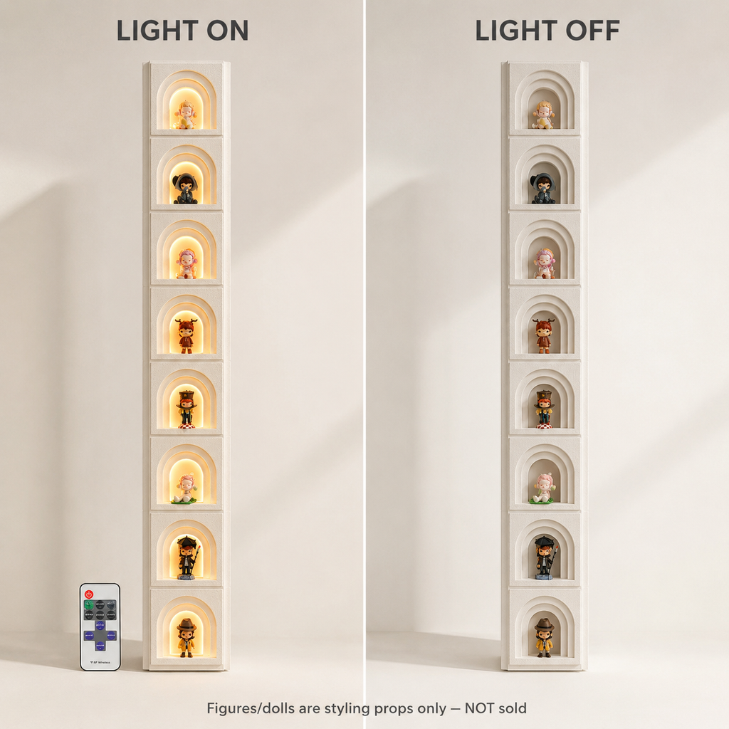 Tall Arched Niche LED Display Shelf | 8-Tier Corner-Wrap Figure Showcase | Vertical Wall-Mounted Collection Decor