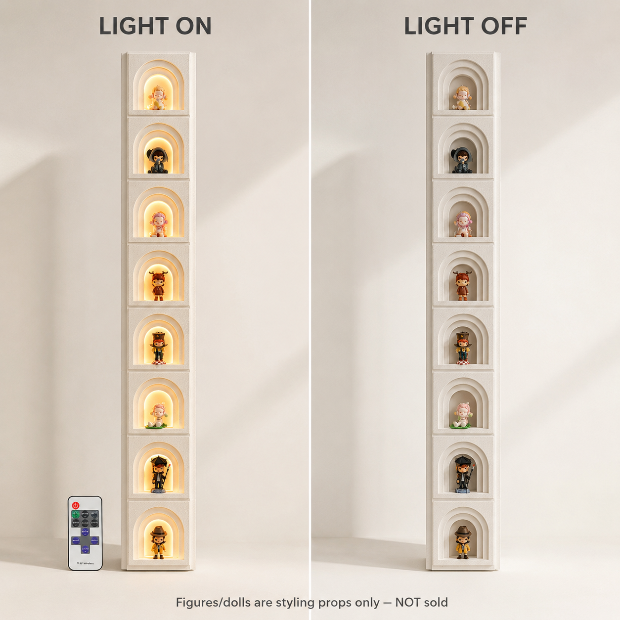 Tall Arched Niche LED Display Shelf | 8-Tier Corner-Wrap Figure Showcase | Vertical Wall-Mounted Collection Decor