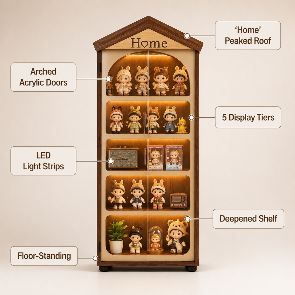 House-Shaped LED Display Cabinet | Floor-Standing Figure Showcase | 5-Tier Dustproof Collection Cabinet