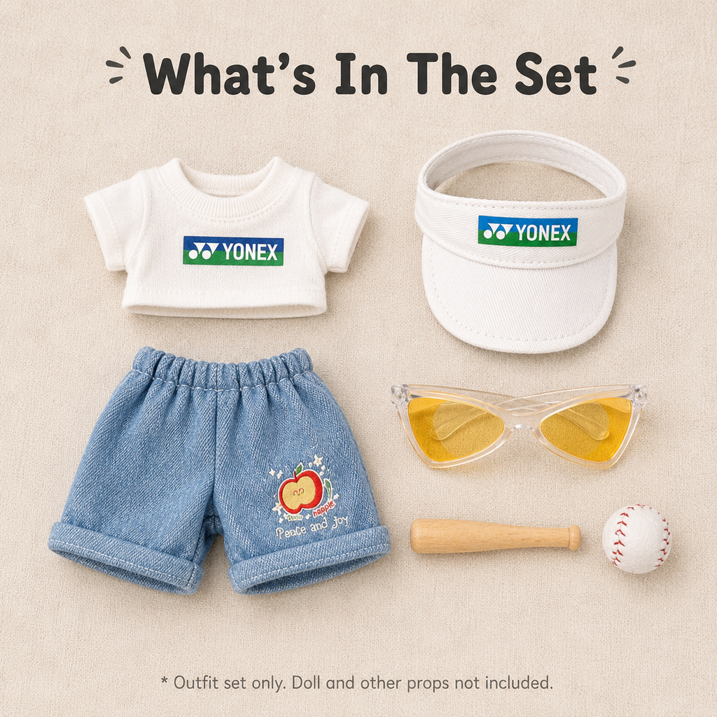 Sporty Visor Doll Outfit Set | Logo Tee + Denim Shorts + Sunglasses + Baseball Charm | Athleisure Doll Clothes