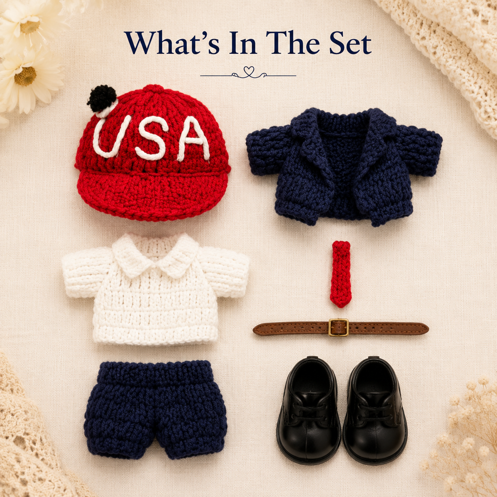 Handmade Knit USA Suit Doll Outfit | Statesman Blazer + Red Tie + USA Cap | Collectible Doll Clothes Set